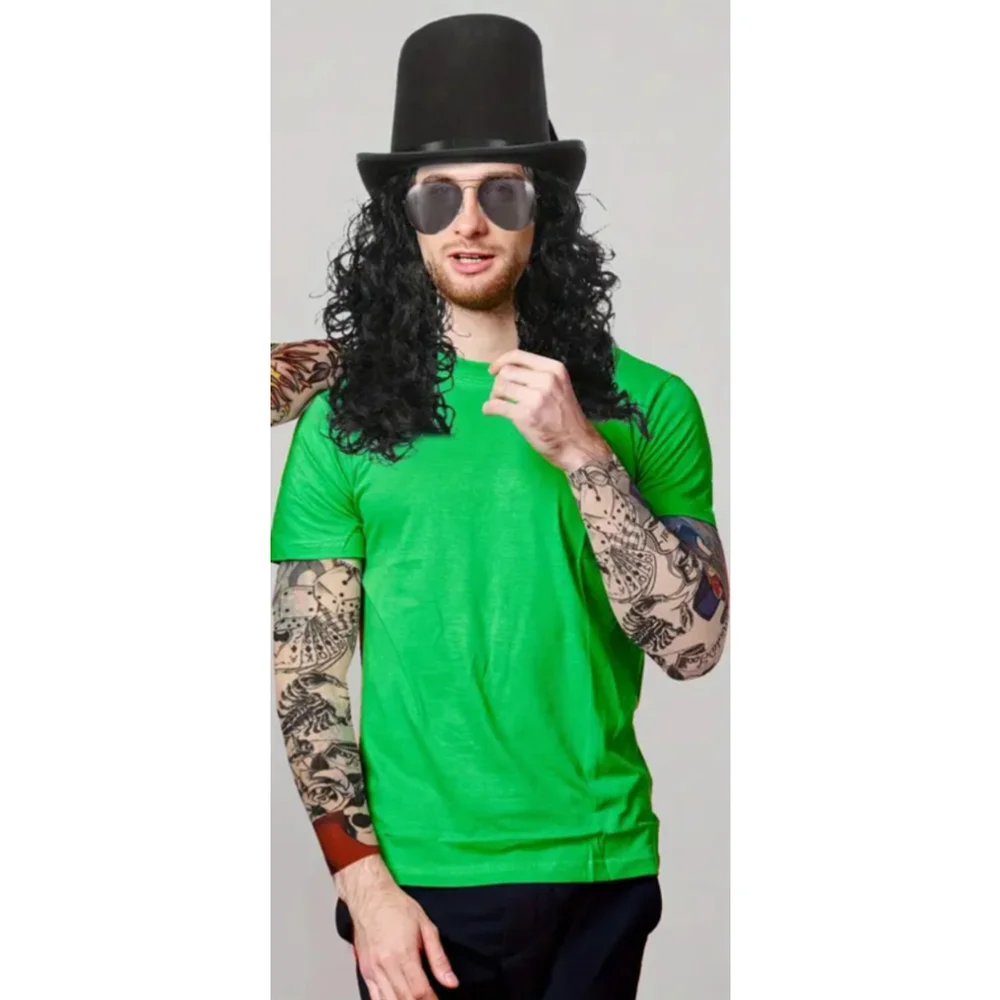 Rocker Costume Long Black Wig Heavy Metal Biker Festival Tattoo Sleeves Cosplay - Picture 7 of 11